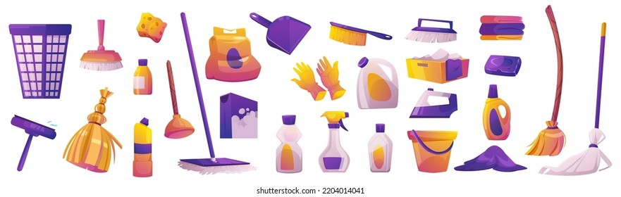 Equipment for house cleaning, brushes, soap, brooms, gloves and domestic detergents. Household chemicals in bottles, washing powder, buckets, dustpan and iron, vector cartoon set