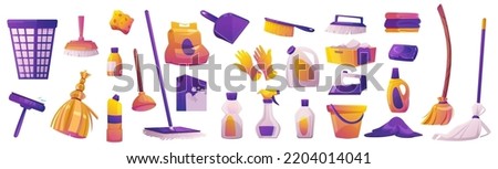 Equipment for house cleaning, brushes, soap, brooms, gloves and domestic detergents. Household chemicals in bottles, washing powder, buckets, dustpan and iron, vector cartoon set