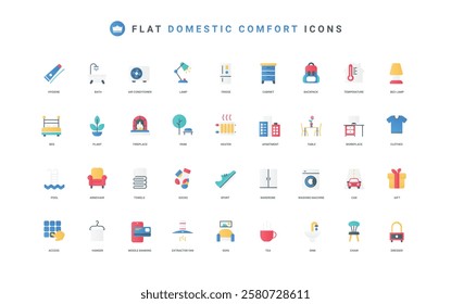 Equipment for hygiene and electrical appliances for home comfort color icon set. Furniture and plants of apartment, park area and swimming pool, fridge in kitchen flat elements vector illustration