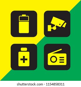 equipment icon. 4 equipment set with battery, antiseptic, cctv and radio vector icons for web and mobile app
