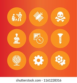 equipment icon. 9 equipment set with cog wheel silhouette, cooker, skull and bolt vector icons for web and mobile app