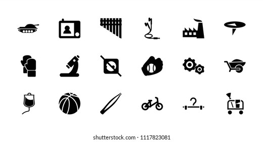 Equipment icon. collection of 18 equipment filled icons such as child bicycle, factory, wheelbarrow, microscope, basketball. editable equipment icons for web and mobile.