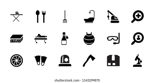 Equipment icon. collection of 18 equipment filled icons such as crane, flippers, fork and spoon, axe, camera shutter, zoom in. editable equipment icons for web and mobile.