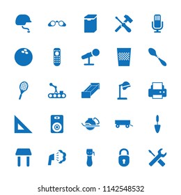 Equipment icon. collection of 25 equipment filled icons such as barrow, salon hair dryer, printer, electric saw, ruler, trowel. editable equipment icons for web and mobile.