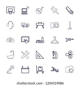 Equipment icon. collection of 25 equipment outline icons such as finger on tablet, saw, vice clamp, ruler, guitar, garden tools. editable equipment icons for web and mobile.