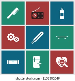 Equipment icon. collection of 9 equipment filled icons such as level ruler, comb, clean fridge, heartbeat search, skateboard. editable equipment icons for web and mobile.