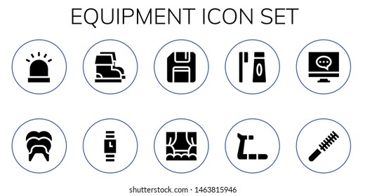 equipment icon set. 10 filled equipment icons.  Simple modern icons about  - Siren, Dental, Boots, Wristwatch, Floppy disk, Stage, Toothbrush, Treadmill, Computer, Comb