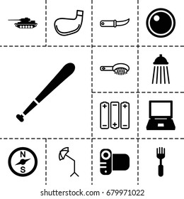 Equipment icon. set of 13 filled and outline equipment icons such as fork, camera, camera lense, shower, baseball bat, tank, hair brush, gardening knife, studio umbrella