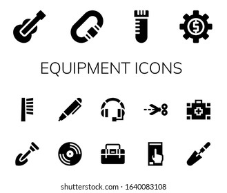 equipment icon set. 14 filled equipment icons.  Simple modern icons such as: Guitar, Carabiner, Vial, Settings, Shovel, Brush, Vinyl, Pen, Toolbox, Headset, Smartphone, Scissors