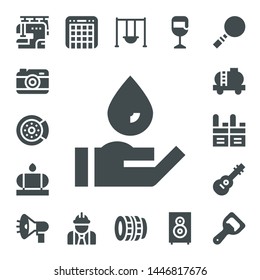 equipment icon set. 17 filled equipment icons.  Simple modern icons about  - Sewing machine, Camera, Brake disc, Wash, Water tank, Tank, Walkie talkie, Guitar, Megaphone, Mixer