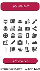  equipment icon set. 25 filled equipment icons. Simple modern icons about  - Computer, Speaker, Hat, Writing tool, Pen, Call center, Colored pencils, Surfboard, Camera, Share