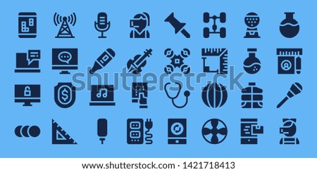 equipment icon set. 32 filled equipment icons. on blue background style Collection Of - Smartphone, Laptop, Computer, Balls, Tower, Shield, Ruler, Microphone, Thermometer, Water dispenser