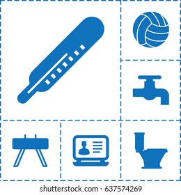 Equipment icon. set of 6 equipment filled icons such as thermometer, tap, toilet, laptop, volleyball