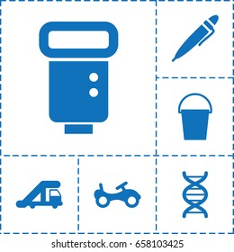 Equipment icon. set of 6 equipment filled icons such as truck crane, bike, bucket, dna, pen