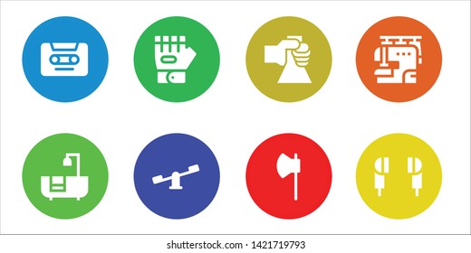 equipment icon set. 8 filled equipment icons.  Simple modern icons about  - Cassette, Bathtub, Glove, Swings, Flask, Axe, Sewing machine, Earphones