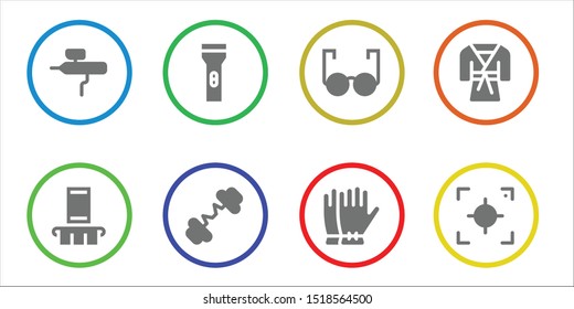 Equipment Icon Set. 8 Filled Equipment Icons.  Collection Of - Airbrush, Smartphone, Flashlight, Barbell, Glasses, Gloves, Judo, Focus Icons