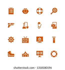 equipment icon set. Collection of 16 filled equipment icons included Lifesaver, Settings, Tent, Climbing, Wire, Television, Helm, Smartphone, Safety pin, Science, Gun, Frying pan