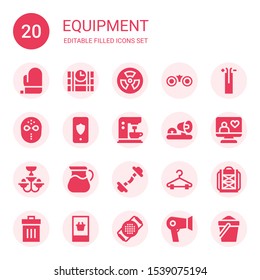 equipment icon set. Collection of 20 filled equipment icons included Mitt, Dinamite, Radiation, Binoculars, Wire, Hockey mask, Smartphone, Coffee machine, Ambulance lights, Computer