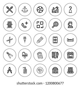 Equipment icon set. collection of 25 outline equipment icons with anchor, bandage, call center, compass, beers, crayon, emergency call, football field icons. editable icons.