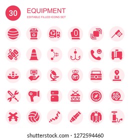equipment icon set. Collection of 30 filled equipment icons included Ball, Trash, Garbage truck, Gloves, Hidrive, Wires, Cone, Share, Hook, Calling, Sink, Computer, Microscope