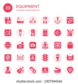 equipment icon set. Collection of 30 filled equipment icons included Beer, Router, Hanger, Tools, Anchor, DJ, Safety pin, Wrench, Backpack, Reduce volume, Ball, Photo camera, Camera