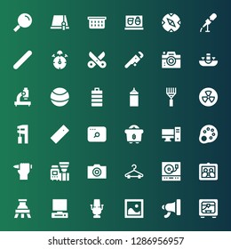 equipment icon set. Collection of 36 filled equipment icons included d printer, Megaphone, Photo, Dentist chair, Computer, Flask, Picture, Turntable, Hanger, Camera, Machine, Pen