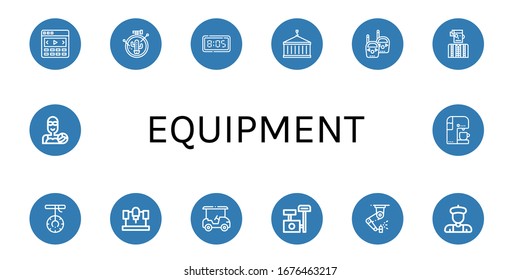 equipment icon set. Collection of Slider, Embroidery, Digital clock, Crane, Walkie talkie, Watchmaker, Swing, Machine, Golf cart, Scratching post, Machinery, Artist, Water polo icons