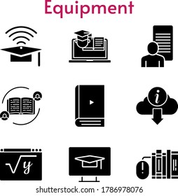 equipment icon set. included feedback, study, cap, ebook, books, maths, training, information icons. filled styles.