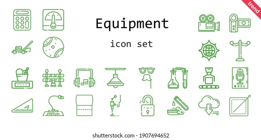 equipment icon set. line icon style. equipment related icons such as calculator, server, rack, recorder, set square, test tube, tennis ball, headphones, video camera, lawnmower, weight, traffic 