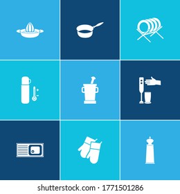 Equipment icon set and mortar with pestle with sink, pepper mill, hand blender. Pot related equipment icon vector for web UI logo design.