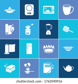 Equipment icon set and scales with grill pan, gas burning and egg separator. Hygiene related equipment icon vector for web UI logo design.
