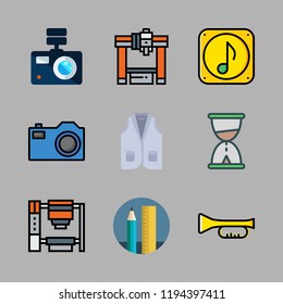 equipment icon set. vector set about school material, trumpet, vest and photo camera icons set.