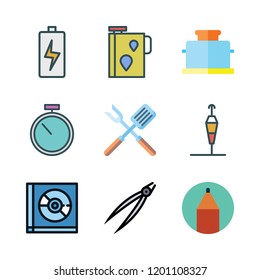 equipment icon set. vector set about toaster, wind sign, oil and compact disc icons set.