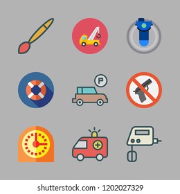 equipment icon set. vector set about weapons, virtual reality, parking and crane icons set.