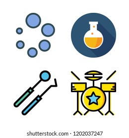equipment icon set. vector set about dentist tools, flask, loading and drum set icons set.
