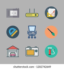 equipment icon set. vector set about garage, recorder, office chair and air pump icons set.