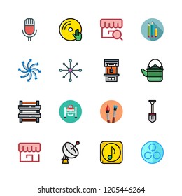 equipment icon set. vector set about satellite dish, industrial robot, pencil and microphone icons set.