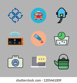equipment icon set. vector set about paint tube, oxygen, laptop and kettle icons set.