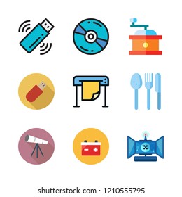 equipment icon set. vector set about coffee grinder, printing, remote control and battery icons set.
