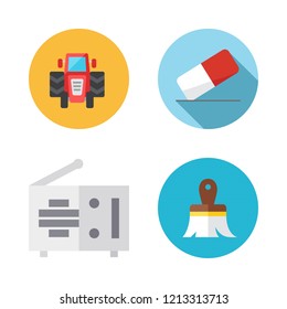 equipment icon set. vector set about eraser, paint brush, tractor and radio icons set.