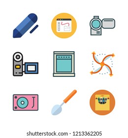 equipment icon set. vector set about eraser icon, airscrew, camcorder and crayons icons set.