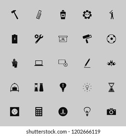 equipment icon. equipment vector icons set soccer ball, paint roller, empty battery and baseball player