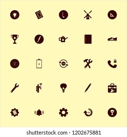 equipment icon. equipment vector icons set fountain pen, wrench hammer, gear and trophy cup