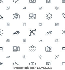 equipment icons pattern seamless white background. Included editable outline pc, bow, metal gate detector, camera, excavator, gear, hacksaw icons. equipment icons for web and mobile.