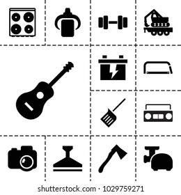 Equipment icons. set of 13 editable filled equipment icons such as cooker, battery, axe, cargo crane, guitar, meat grinder, baby bottle, dustpan, window squeegee, hacksaw