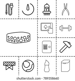 Equipment icons. set of 13 editable outline equipment icons such as barrier, hummer, volleyball, musical instrument, wire, stopwatch camera, atm, brush, finger on tablet