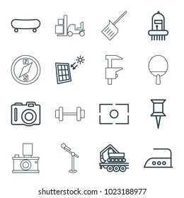 Equipment icons. set of 16 editable outline equipment icons such as camera, iron, pin, skate, cargo crane, musical instrument, camera focus, solar panel, dustpan, chainsaw