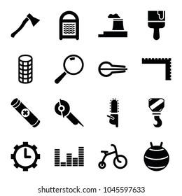 Equipment icons. set of 16 editable filled equipment icons such as ruler, child bicycle, sponge, electric saw, paint brush, chainsaw, fit ball, musical instrument