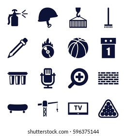 equipment icons set. Set of 16 equipment filled icons such as billiards, broom, construction crane, spray bottle, basketball, cargo on hook, helmet, CD fire, pencil, zoom in