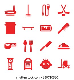 Equipment icons set. set of 16 equipment filled icons such as spoon and fork, dish, baby, comb, broom, sponge, tractor, wire, broken battery, pan, butcher knife, hockey